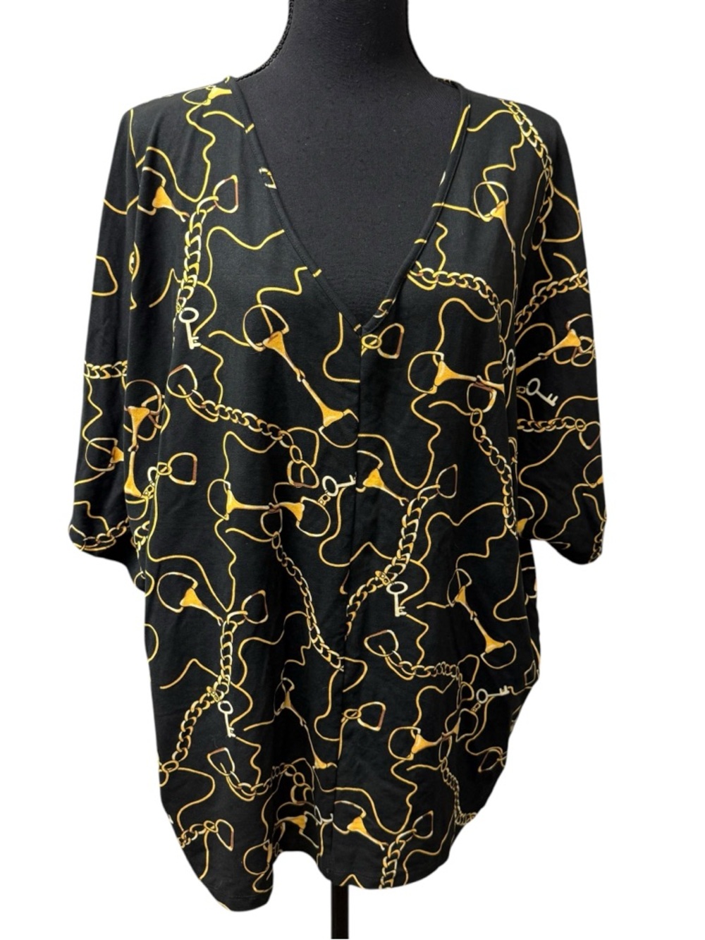 NWT Sheila Rose 3X Black Gold Chain Print Blouse V Neck Stretch Tunic Top - Picture 2 of 12